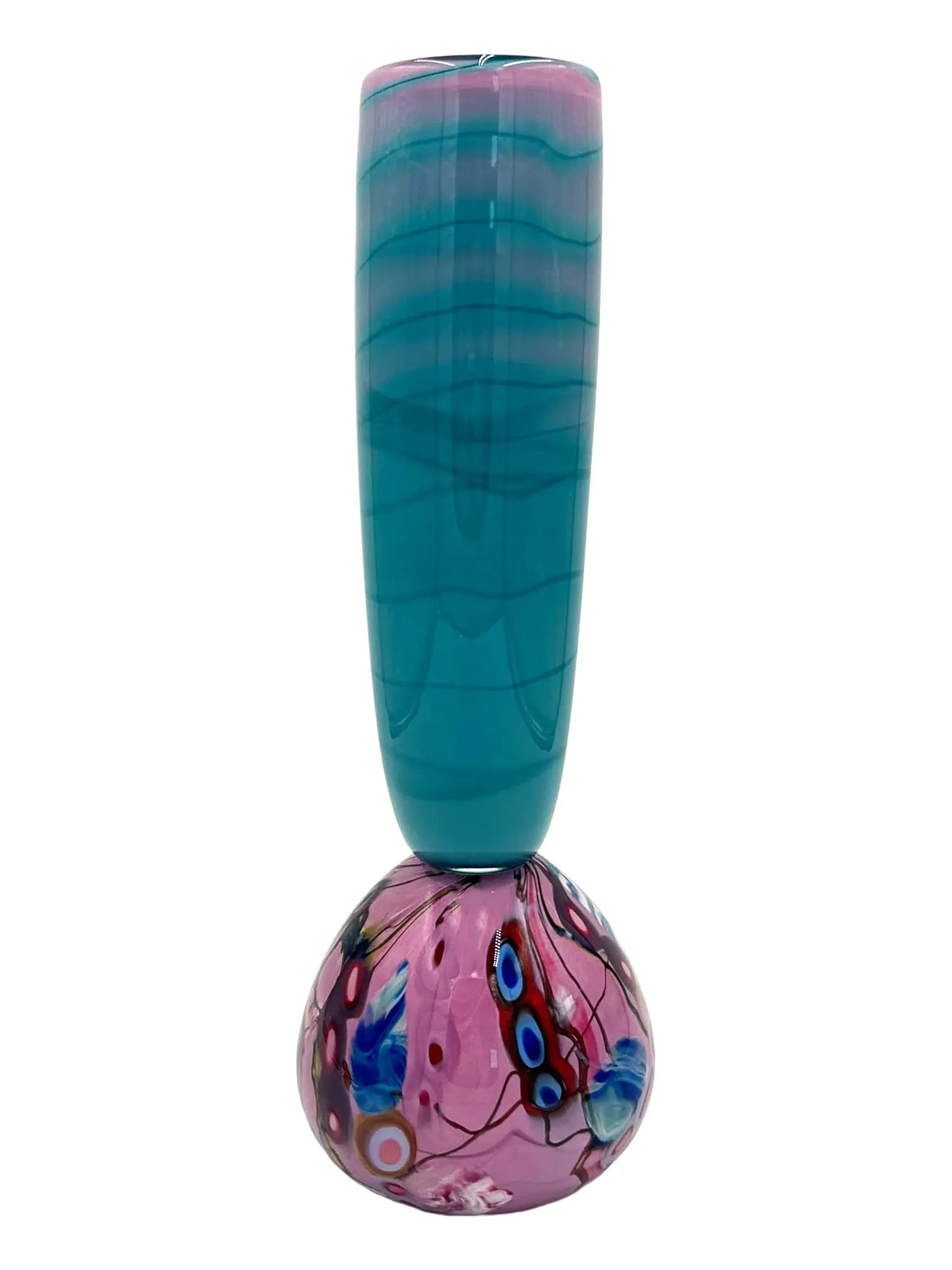 This glass art piece titled 'Cotton Candy' by Steve Palmer features a sleek turquoise body with a vibrant swirl of purple, pink, and blue at the base, blending contemporary design with craftsmanship. It can serve as a sculpture or functional vase, measuring 3" wide, 15" high, and weighing 3.7 lbs.
