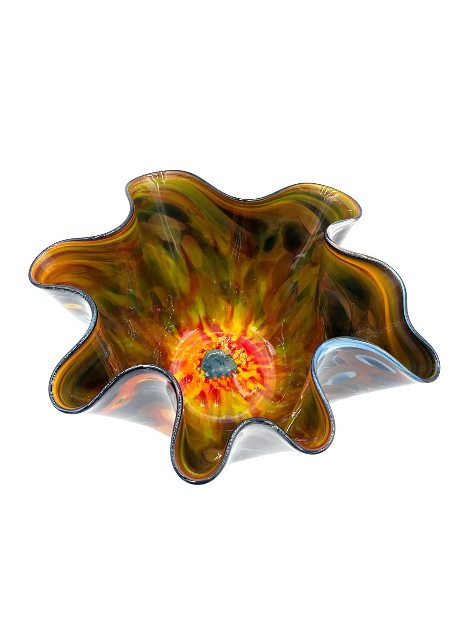 Galaxy Bowl by Steve Palmer is an elegant, handblown glass vase featuring swirling deep blue, silver, orange, and red patterns reminiscent of a cosmic dance. With a fluted rim, it combines artistry and function, ideal for striking decor or floral displays.