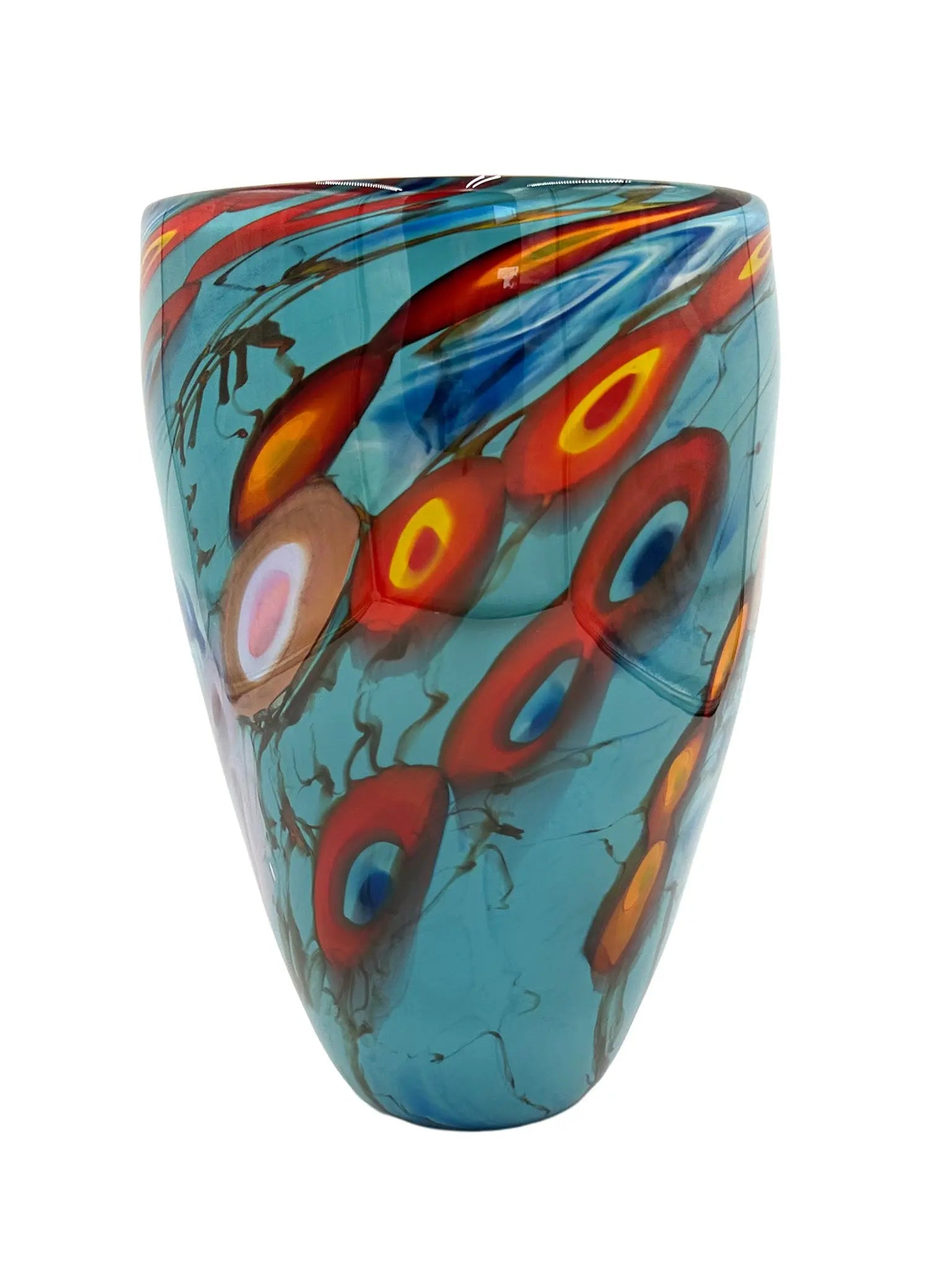 A vibrant glass vessel named Oceanic by Steve Palmer, featuring a turquoise base with abstract swirling patterns in red, orange, and yellow, inspired by flowing tides and coral reefs. The vessel measures approximately 7.75 inches wide, 12 inches tall, and 7.75 inches deep, weighing 5.95 pounds. Suitable as a sculpture or floral display.