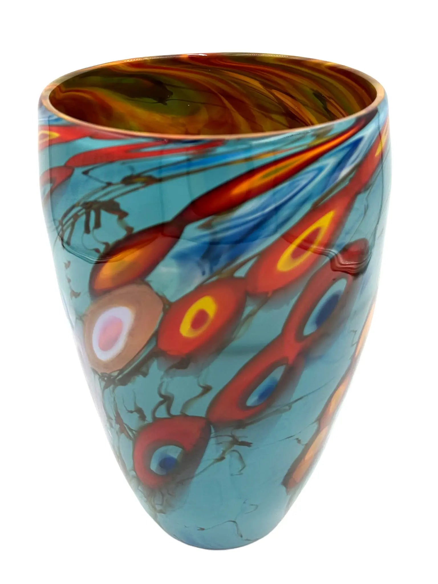 Alt text for the image: A vibrant glass vessel named Oceanic by Steve Palmer, featuring a turquoise base with abstract swirling patterns in red, orange, and yellow, inspired by flowing tides and coral reefs. The vessel measures approximately 7.75 inches wide, 12 inches tall, and 7.75 inches deep, weighing 5.95 pounds. Suitable as a sculpture or floral display.