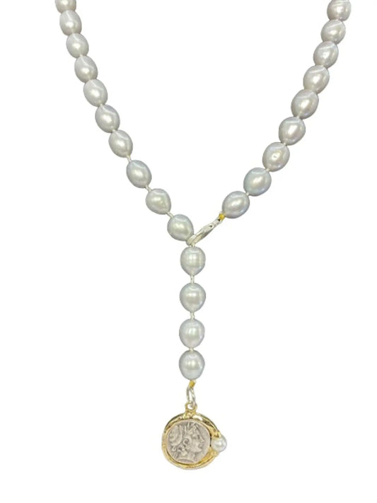Grey Pearl Long Lariat Necklace