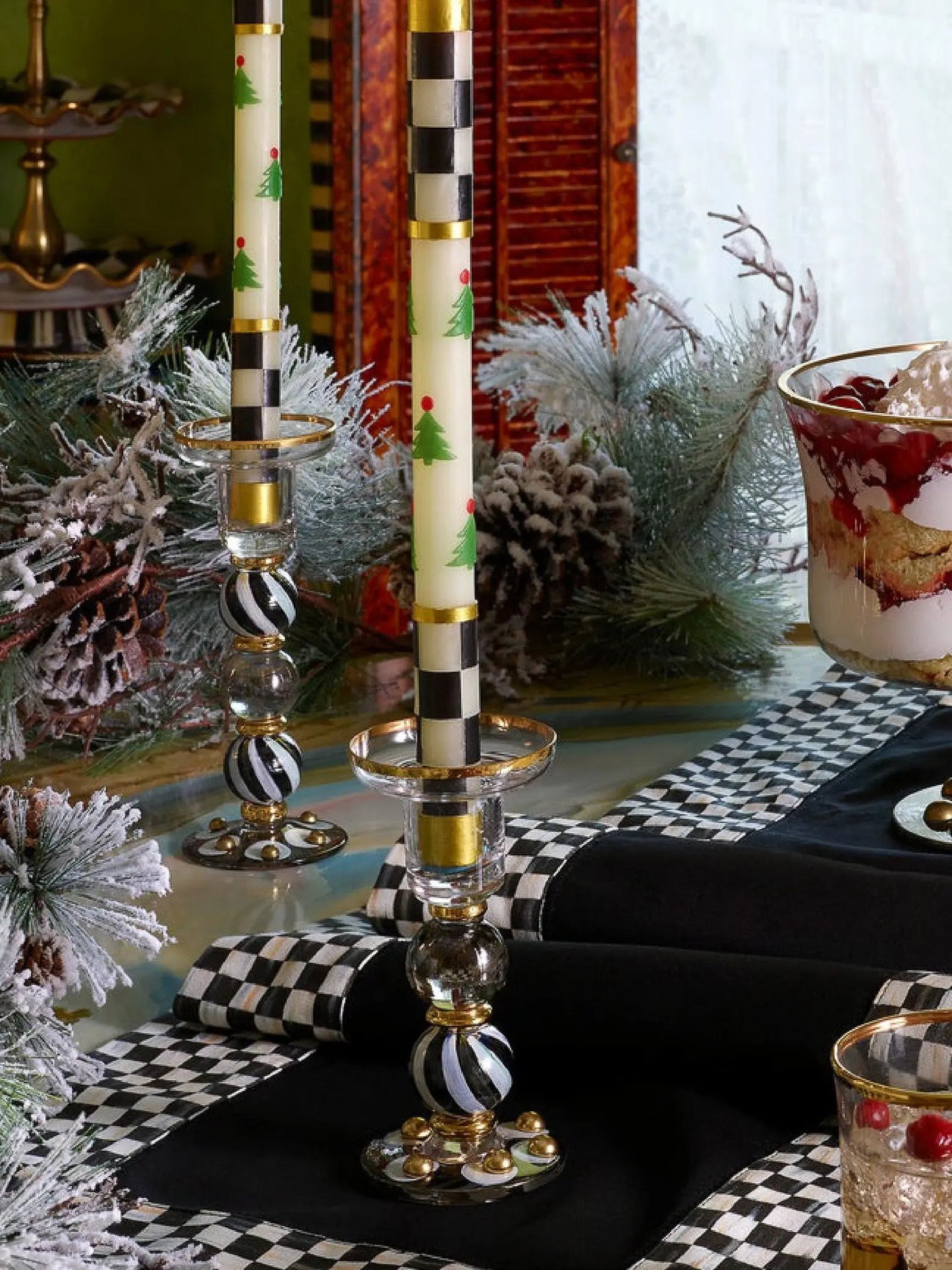 Christmas Tree Dinner Candles Check Bands Set of 2