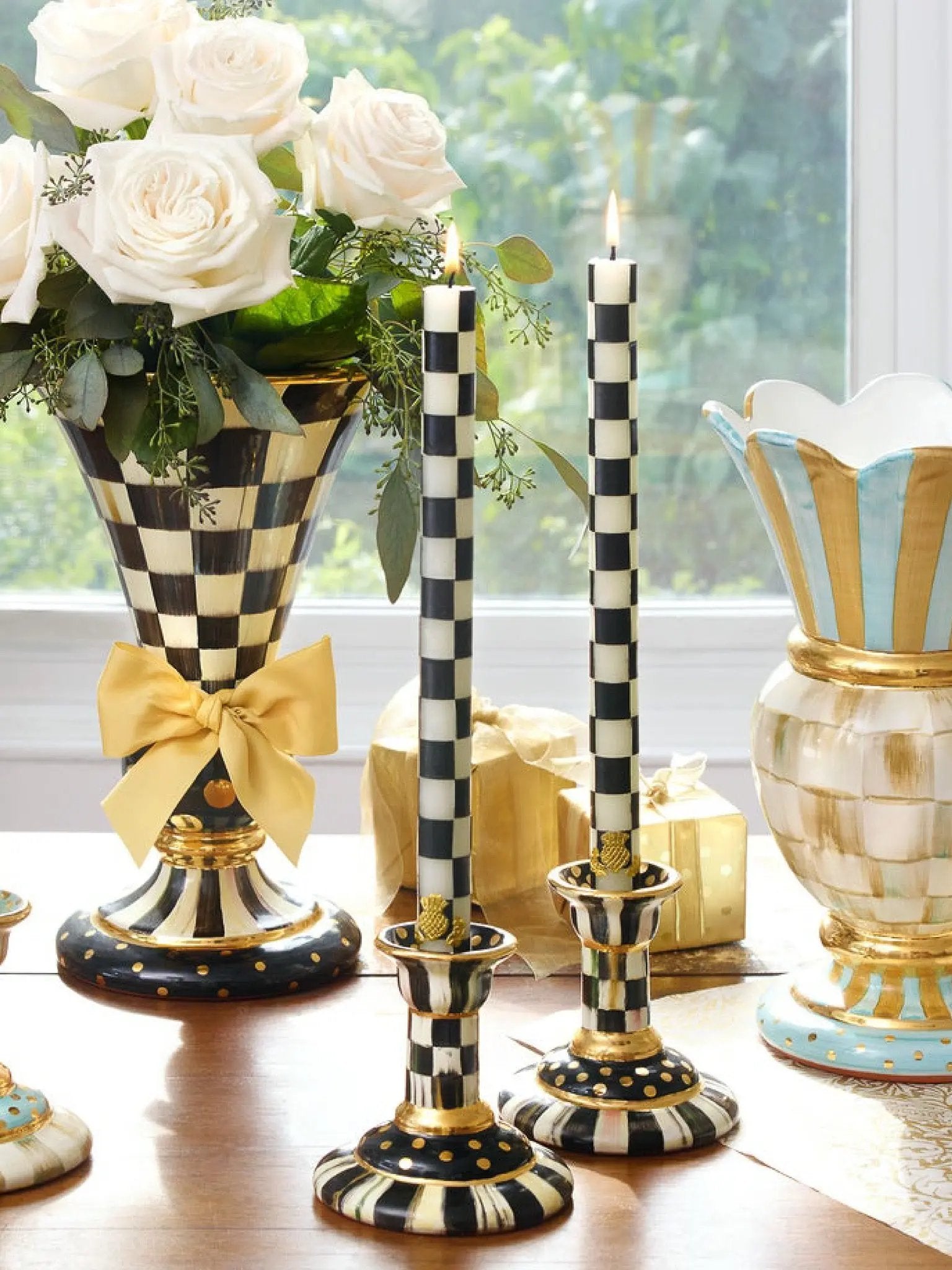 Check Black & Ivory Dinner Candles Set of 2