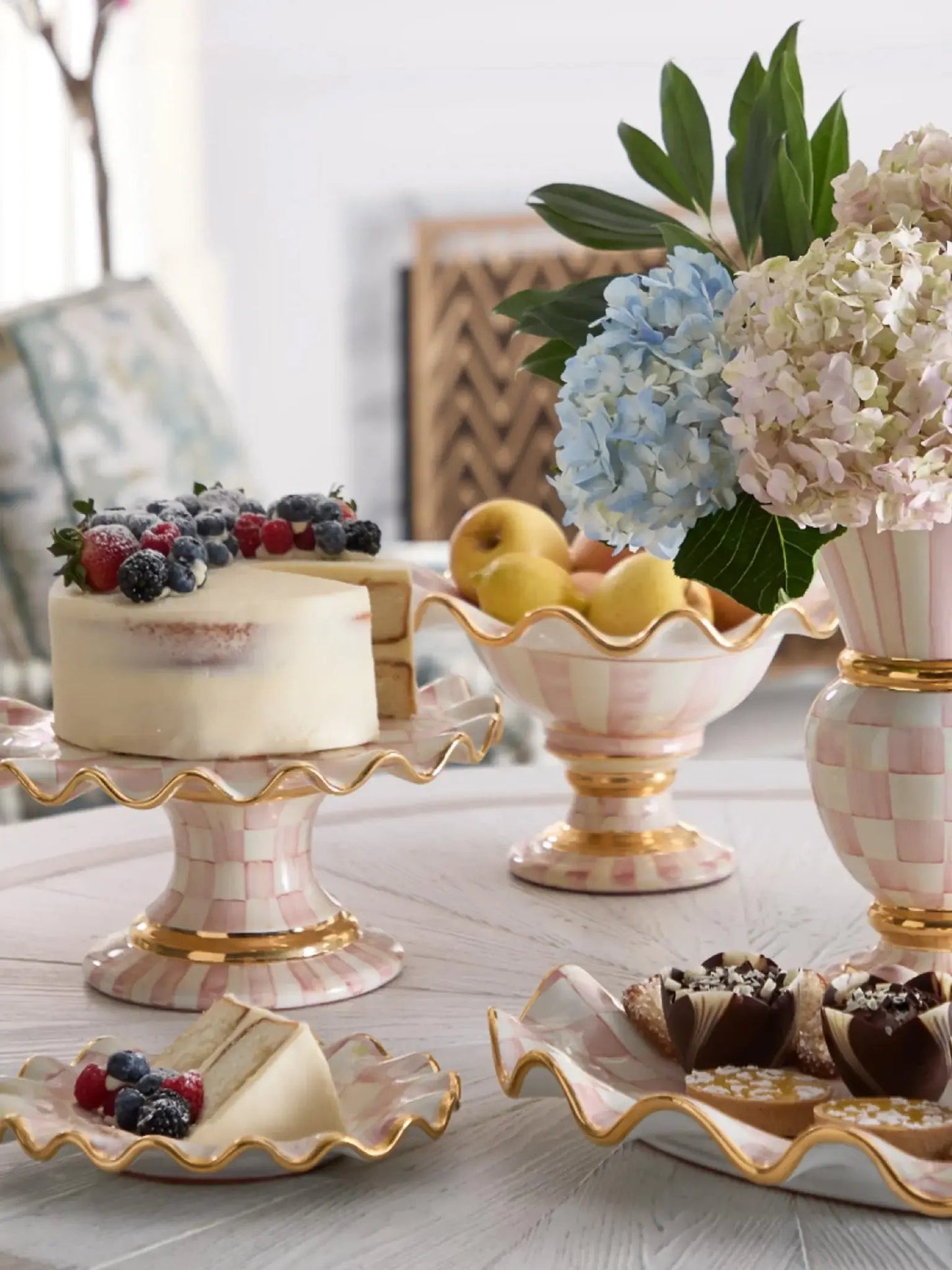 Rosy Check Ceramic Fluted Cake Stand