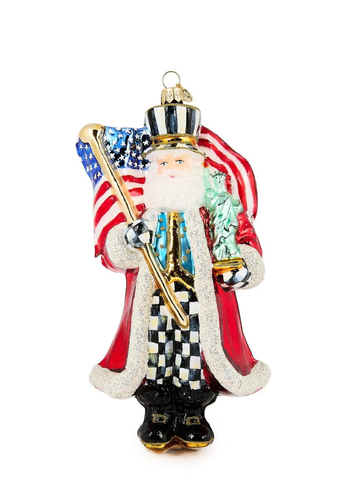Santa With Flag Glass Ornament