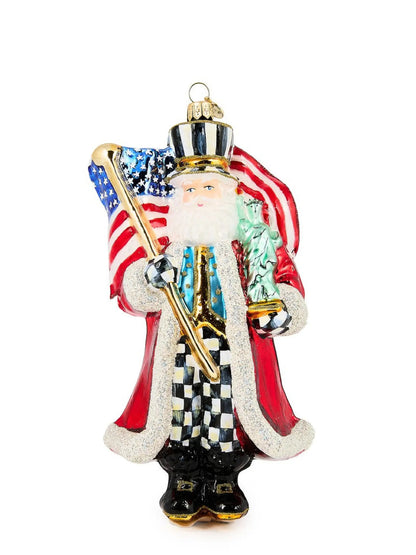 Santa With Flag Glass Ornament