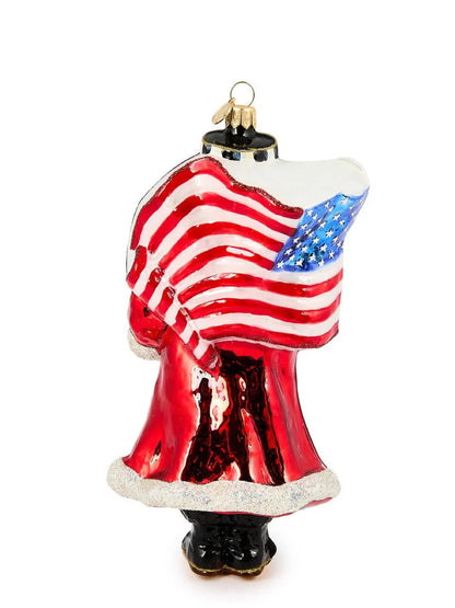 Santa With Flag Glass Ornament