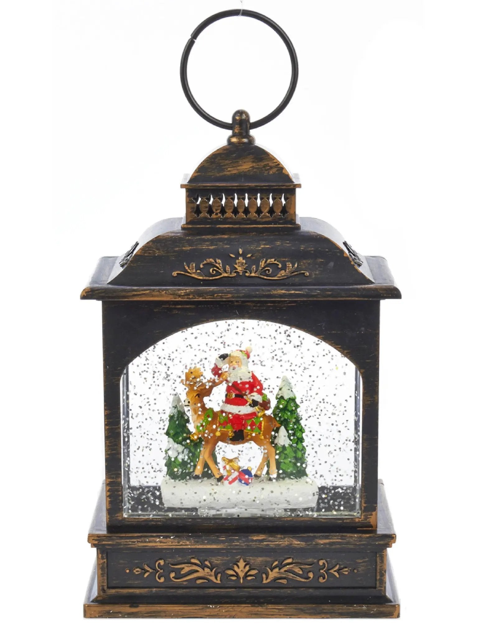 Light-up Santa & Reindeer Lantern With Swirling Glitter | 9-Inch Led Snow Globe