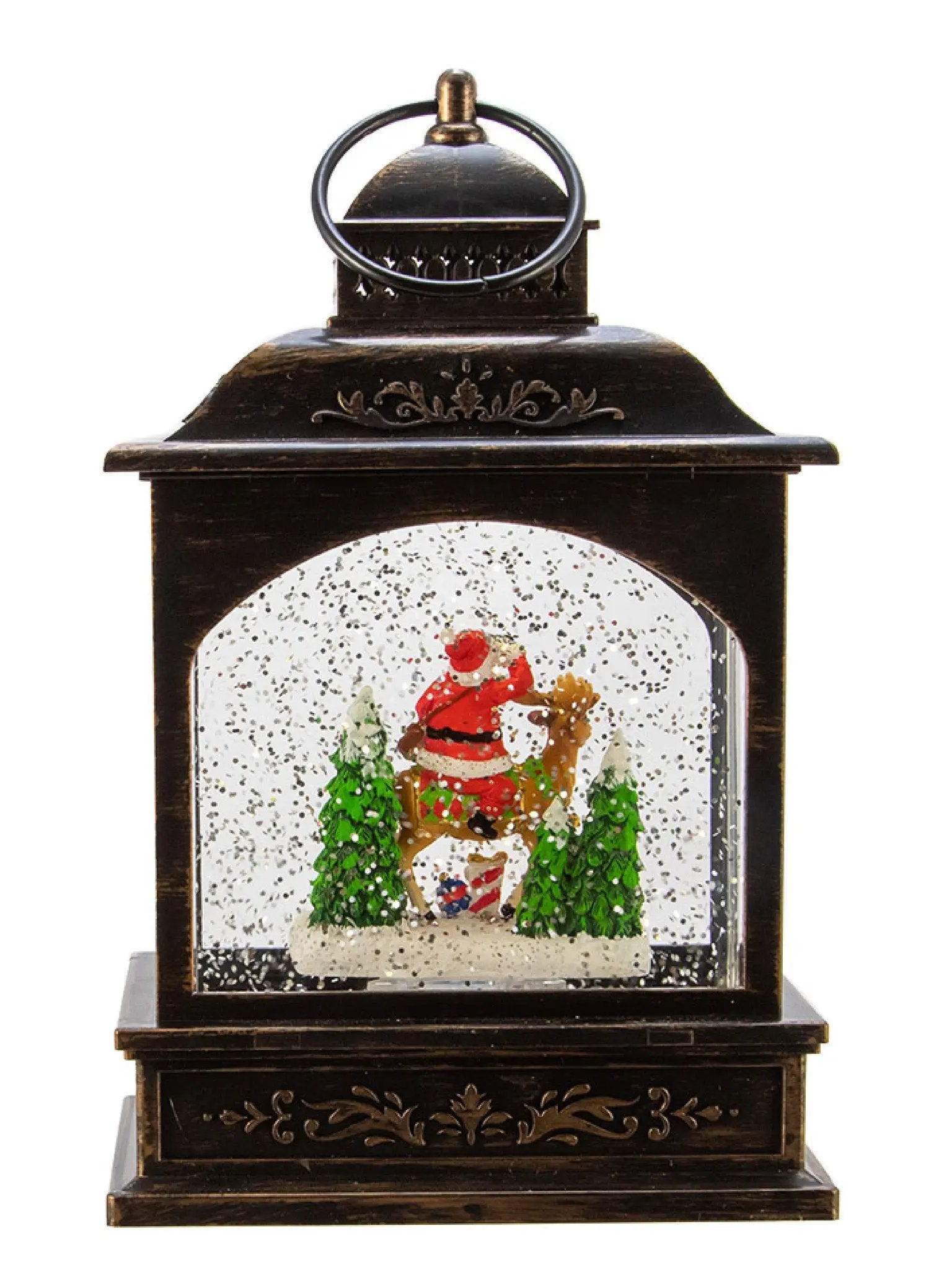 Light-up Santa & Reindeer Lantern With Swirling Glitter | 9-Inch Led Snow Globe