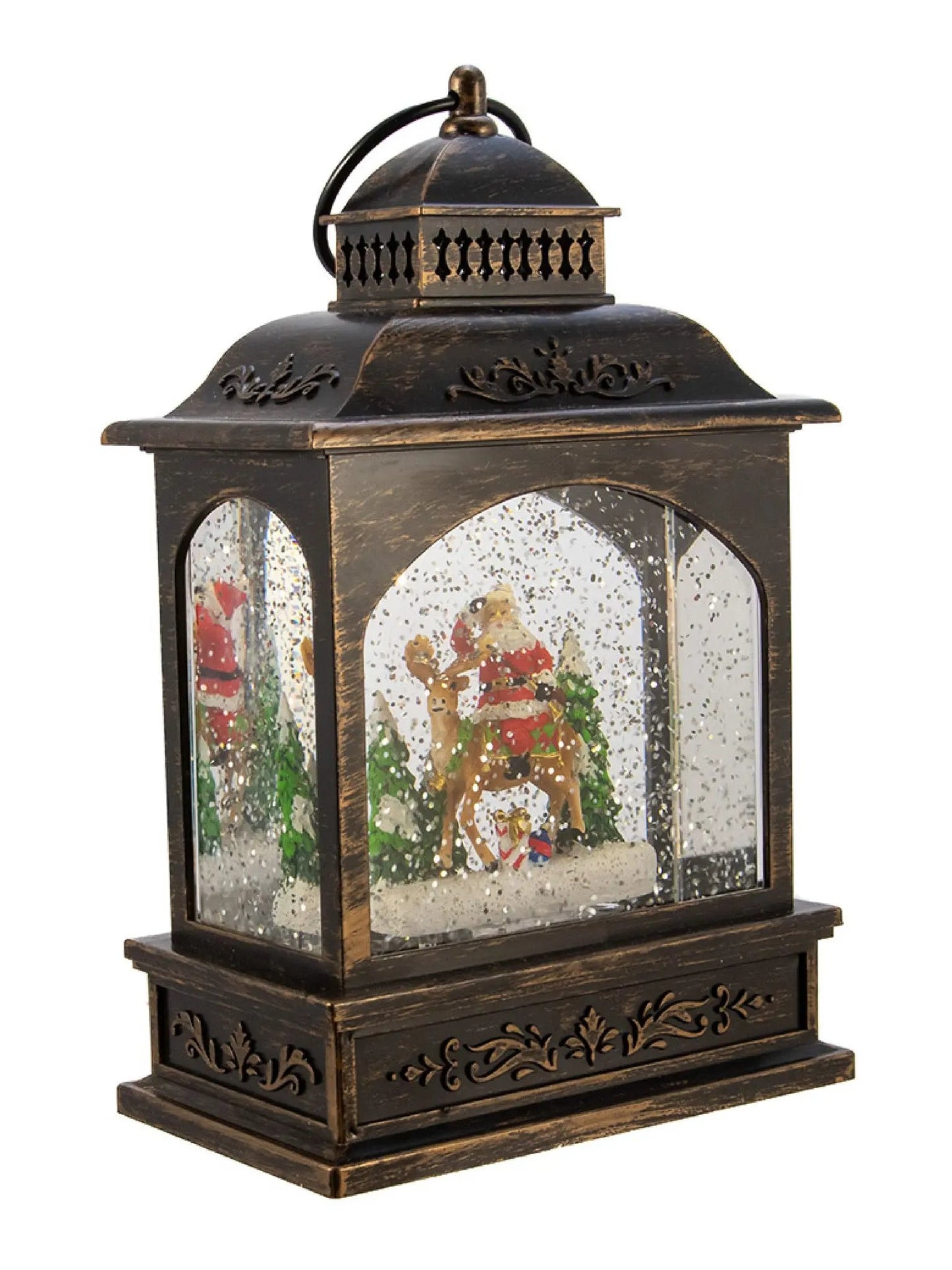 Light-up Santa & Reindeer Lantern With Swirling Glitter | 9-Inch Led Snow Globe