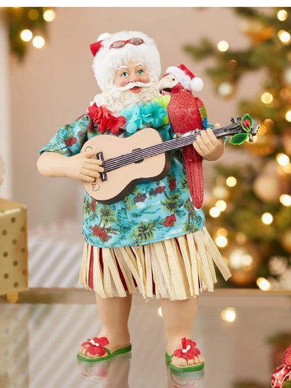 11-Inch Hawaiian Beach Santa With Guitar & Parrot | Tropical Decor