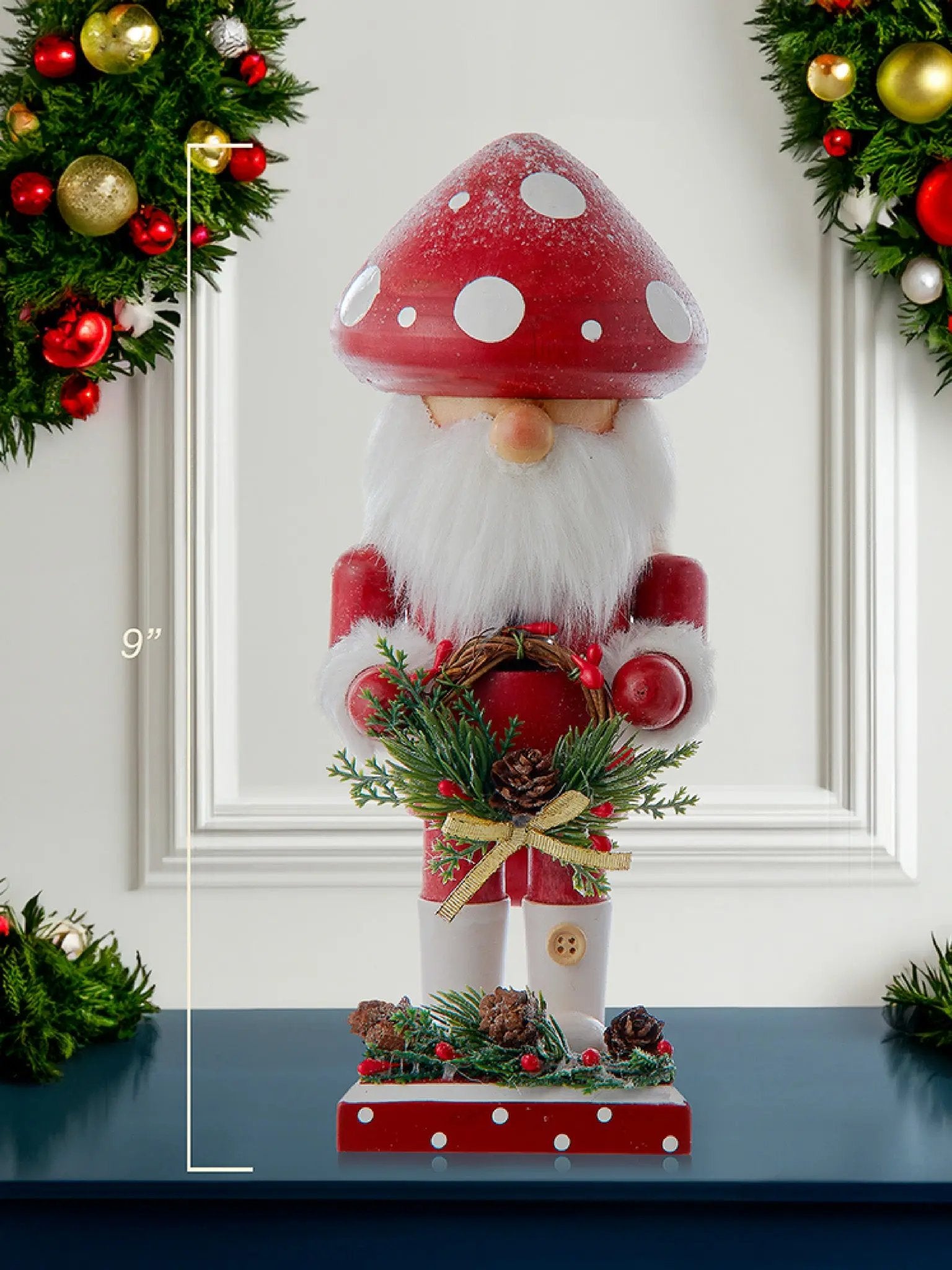 9-Inch Wooden Mushroom Santa Nutcracker | Whimsical Woodland Decor