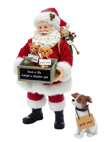 10.5-Inch "Adopt A Pet" Santa Claus With Dog Figurine | Holiday Decor