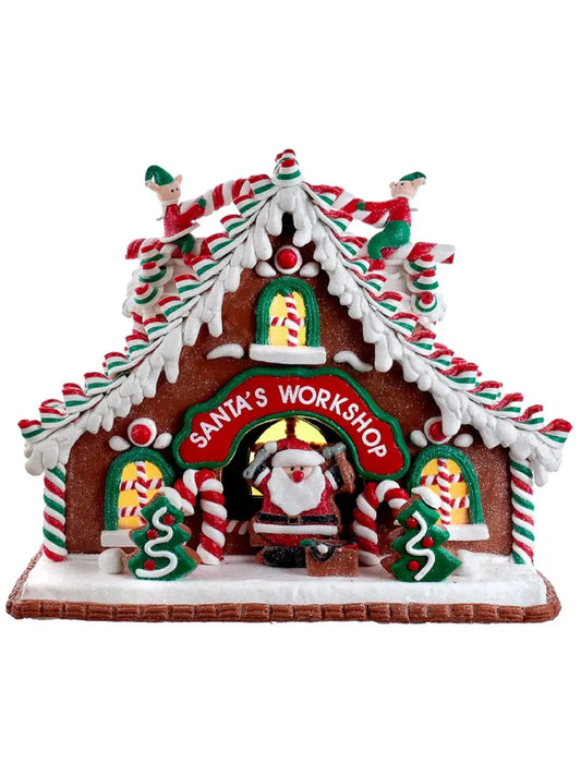 10.5" Light-up Gingerbread Santa's Workshop
