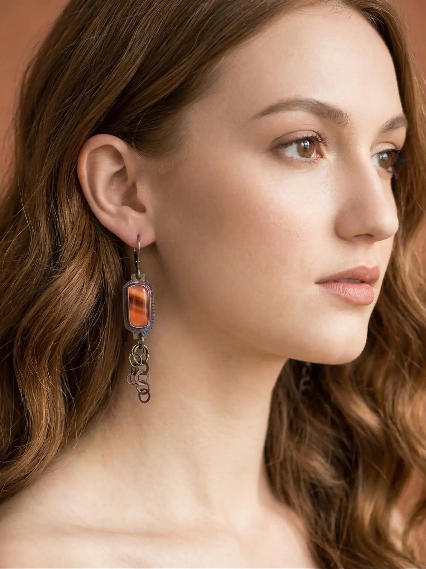 Banded Carnelian Stone Earrings with Chained Fringe by Julie Shaw Designs