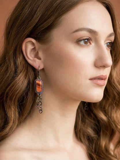 Banded Carnelian Stone Earrings with Chained Fringe by Julie Shaw Designs