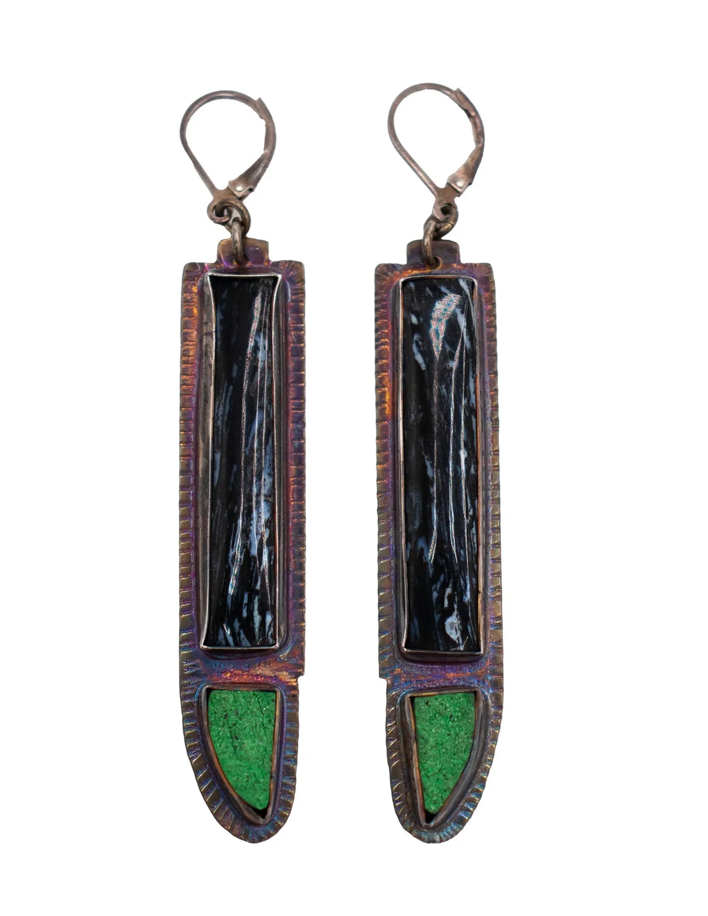 Fossilized Palm Stone & Uvarovite Green Druzy Dangle Earrings by Julie Shaw Designs