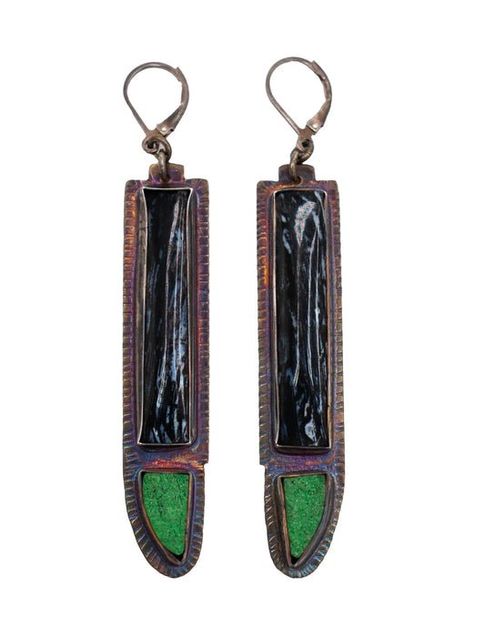 Fossilized Palm Stone & Uvarovite Green Druzy Dangle Earrings by Julie Shaw Designs