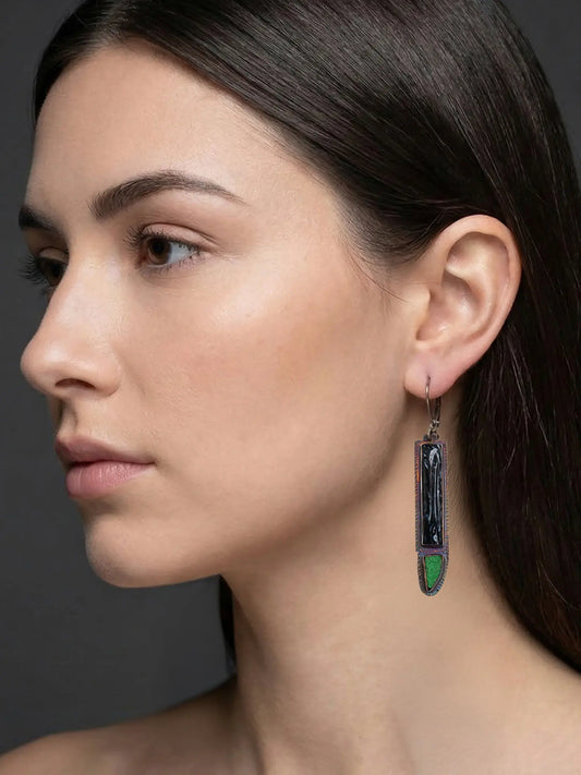 Fossilized Palm Stone & Uvarovite Green Druzy Dangle Earrings by Julie Shaw Designs