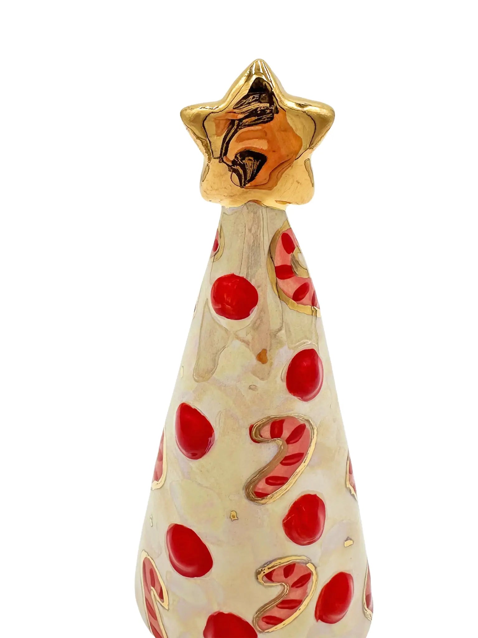 Small Christmas Tree with Red Candy Canes, Gold Star, and Gold Stripe Base