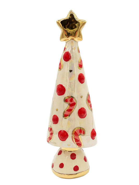 Small Christmas Tree with Red Candy Canes, Gold Star, and Red Polka Dot Base