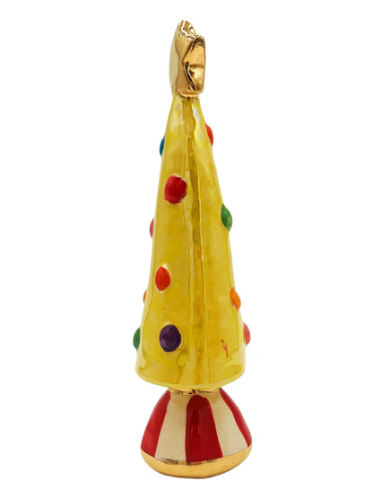 Small Yellow Christmas Tree with Gold Star and Red-Striped Base