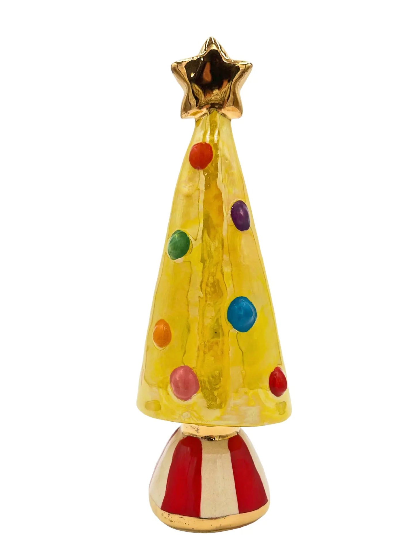 Small Yellow Christmas Tree with Gold Star and Red-Striped Base
