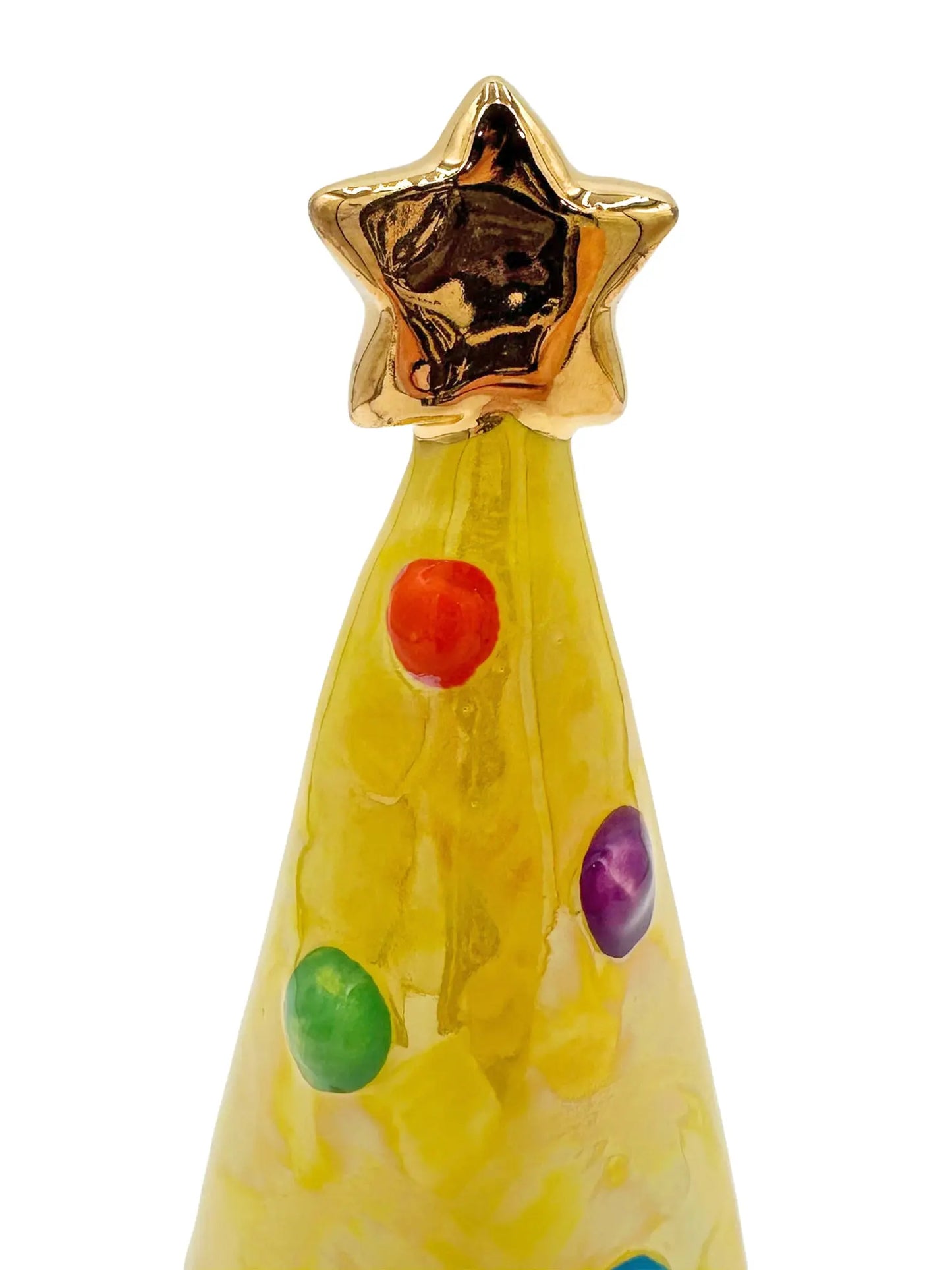 Small Yellow Christmas Tree with Gold Star and Red-Striped Base