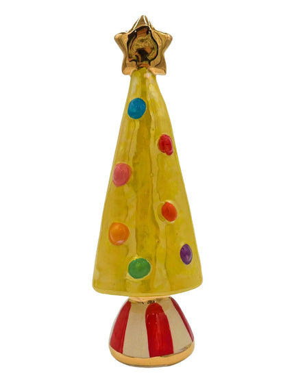 Small Yellow Christmas Tree with Gold Star and Red-Striped Base