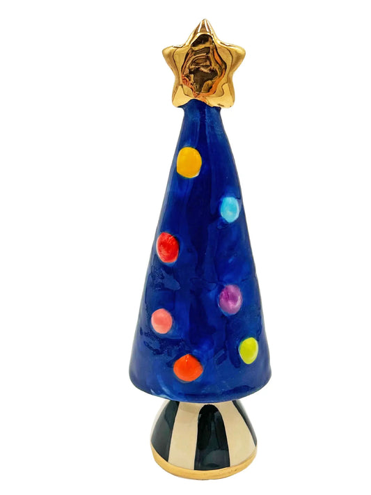 Small Navy Blue Christmas Tree with Gold Star and Black-Striped Base