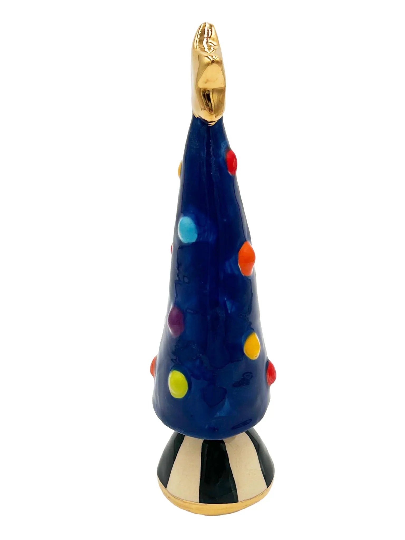 Small Navy Blue Christmas Tree with Gold Star and Black-Striped Base