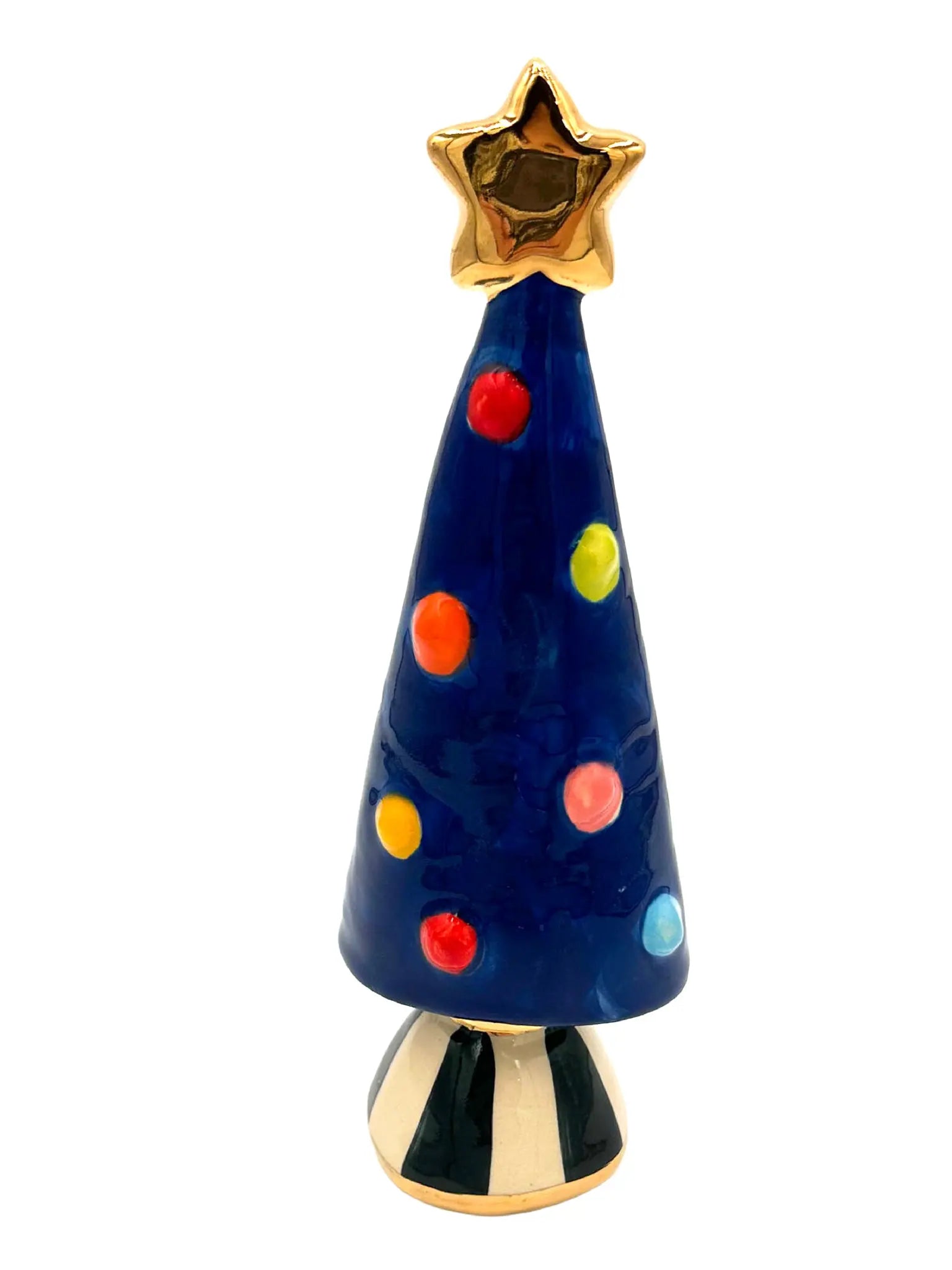 Small Navy Blue Christmas Tree with Gold Star and Black-Striped Base