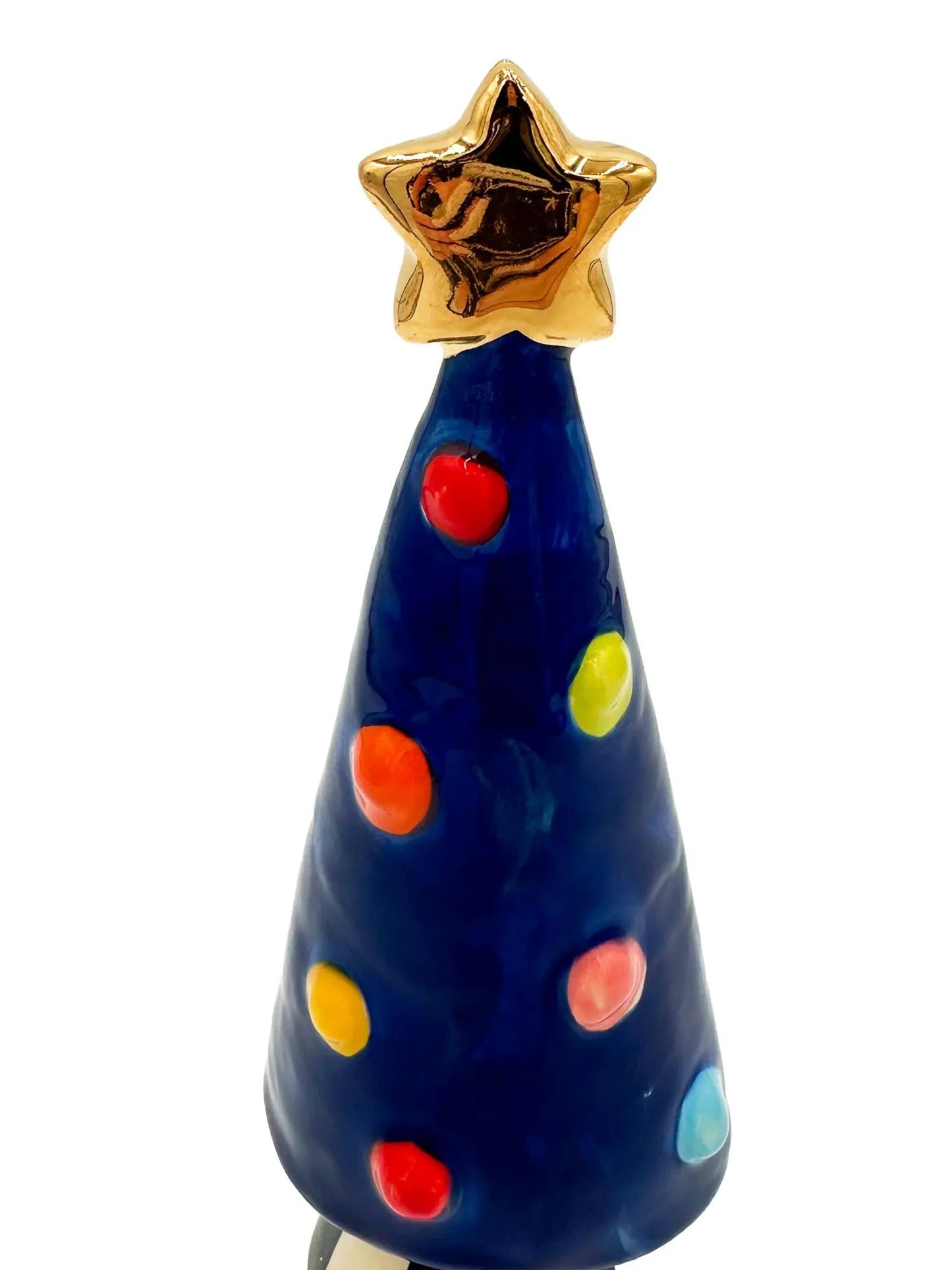 Small Navy Blue Christmas Tree with Gold Star and Black-Striped Base