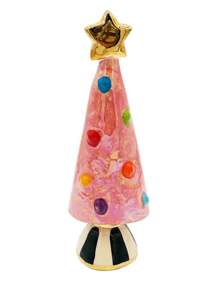 Small Red Christmas Tree with Gold Star and Black-Striped Base