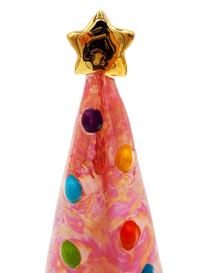 Small Red Christmas Tree with Gold Star and Black-Striped Base