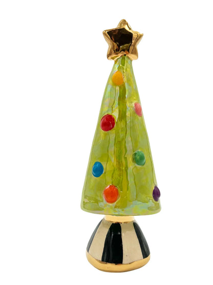 Small Green Christmas Tree with Gold Star and Black-Striped Base