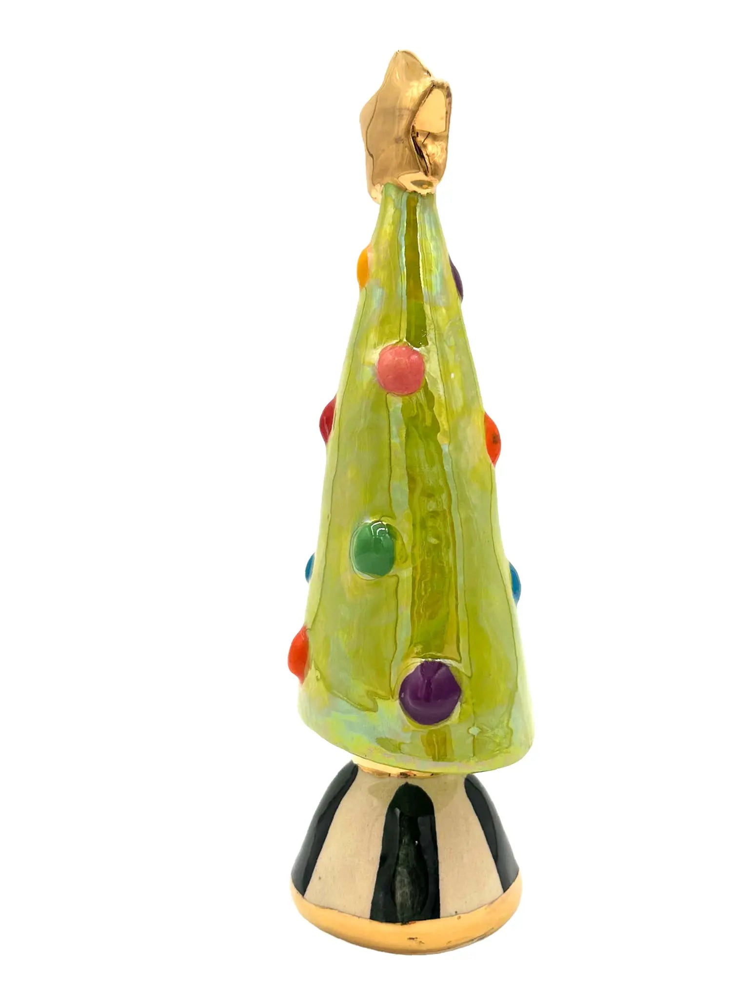 Small Green Christmas Tree with Gold Star and Black-Striped Base