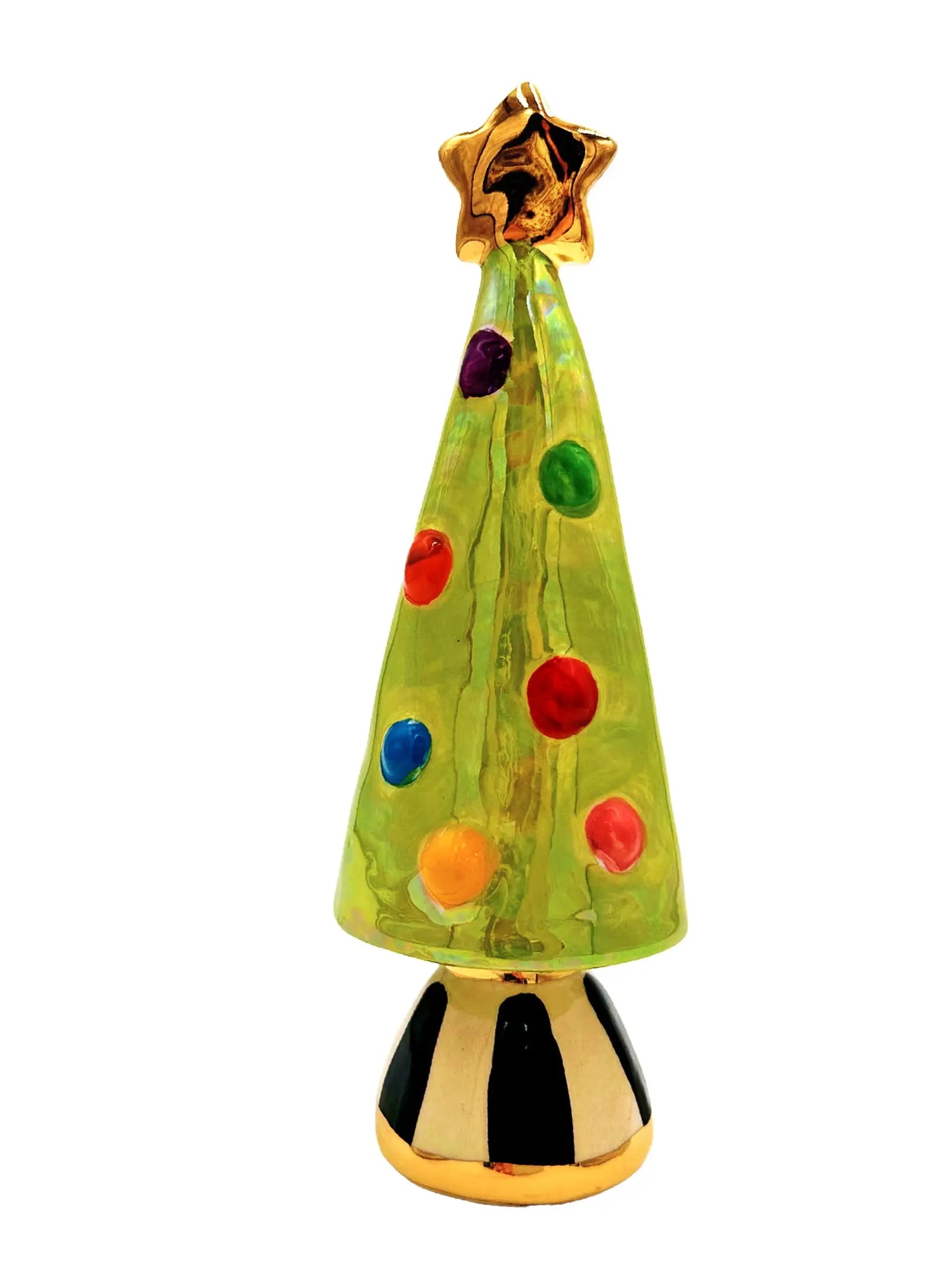 Small Green Christmas Tree with Gold Star and Black-Striped Base