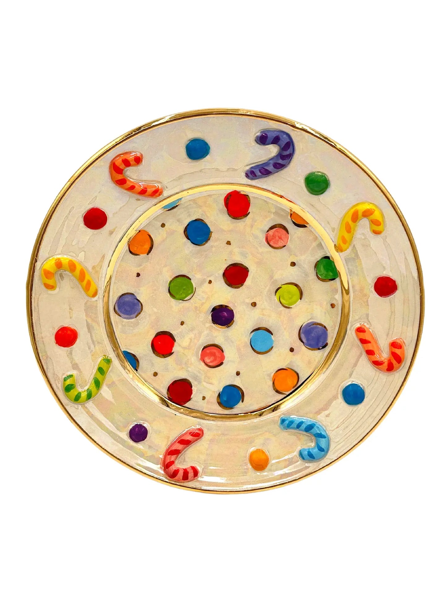 Candy Cane Dinner Plate with Multi-Colored Dots