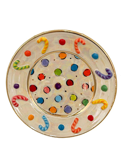 Candy Cane Dinner Plate with Multi-Colored Dots