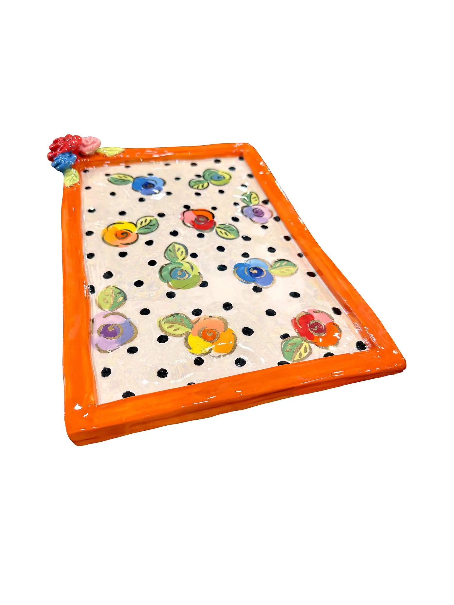 "Sunset Orange" Polka Dot Rose Flat Platter