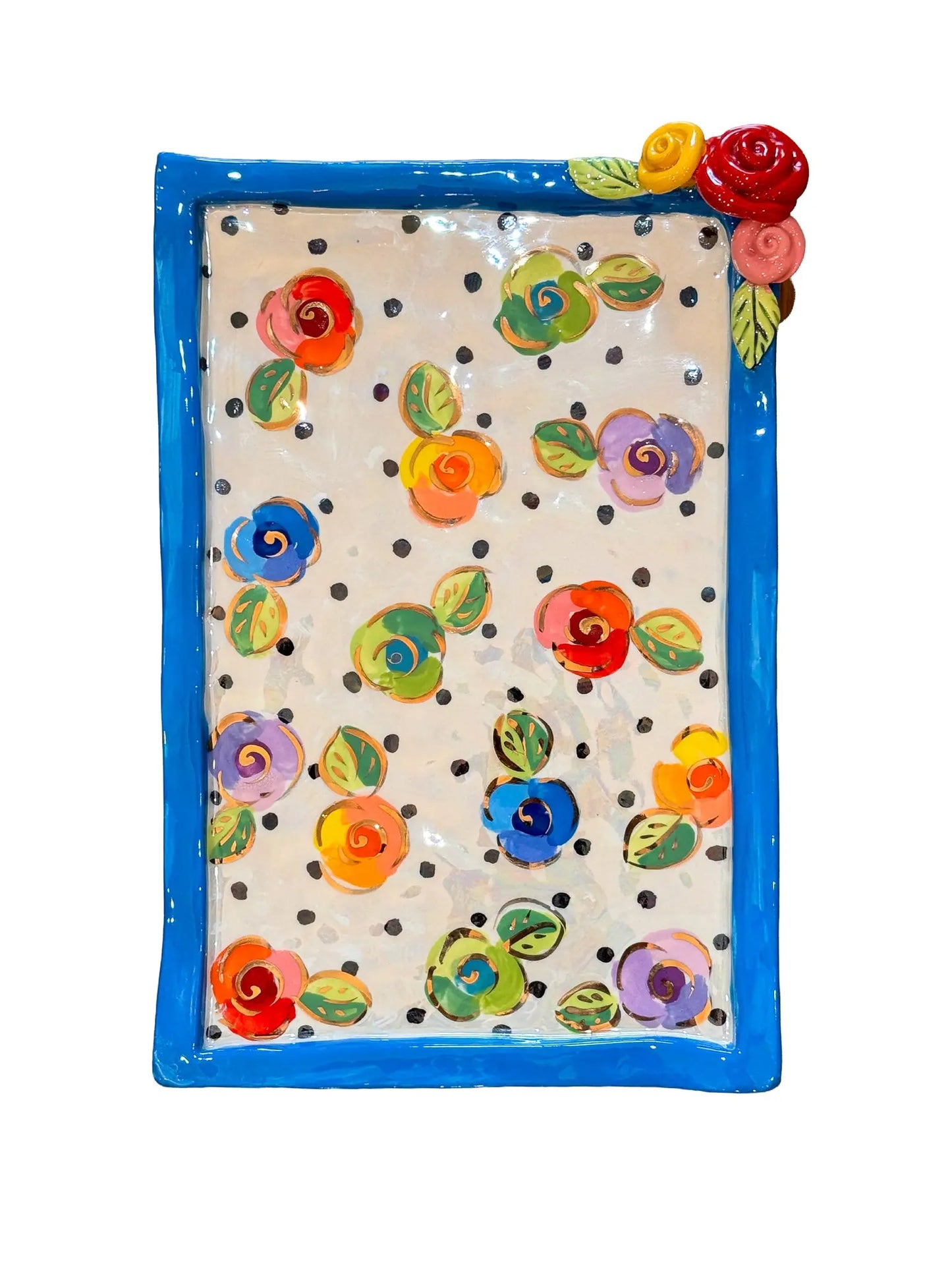 "Royal Blue" Polka Dot Rose Flat Platter