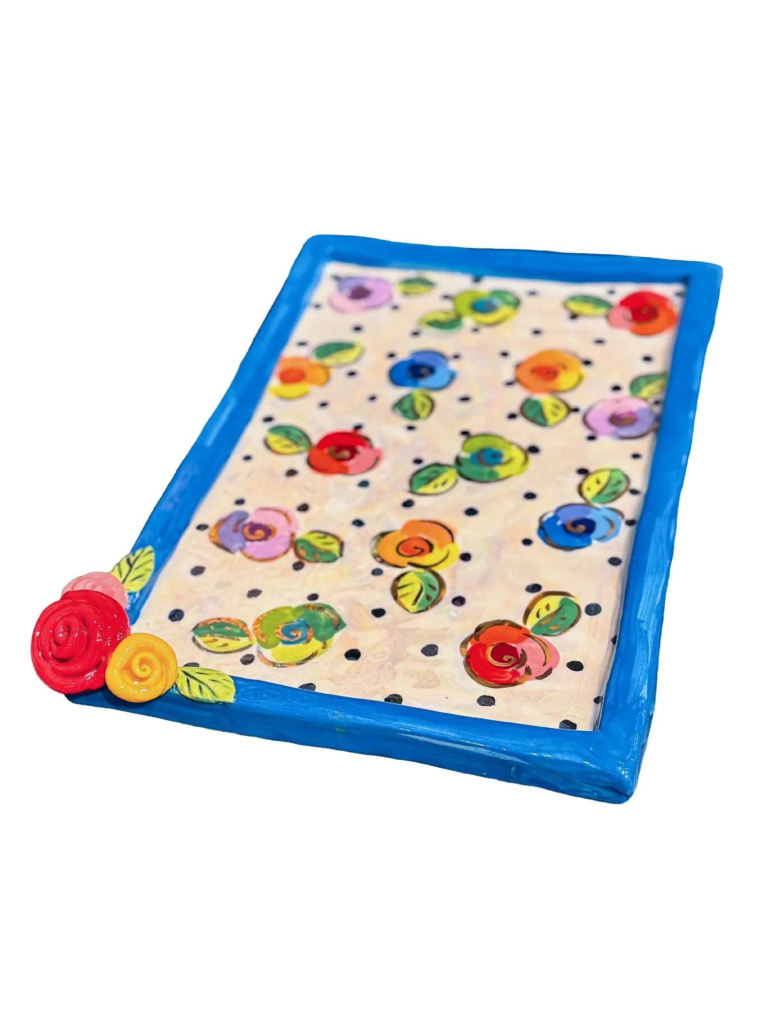 "Royal Blue" Polka Dot Rose Flat Platter