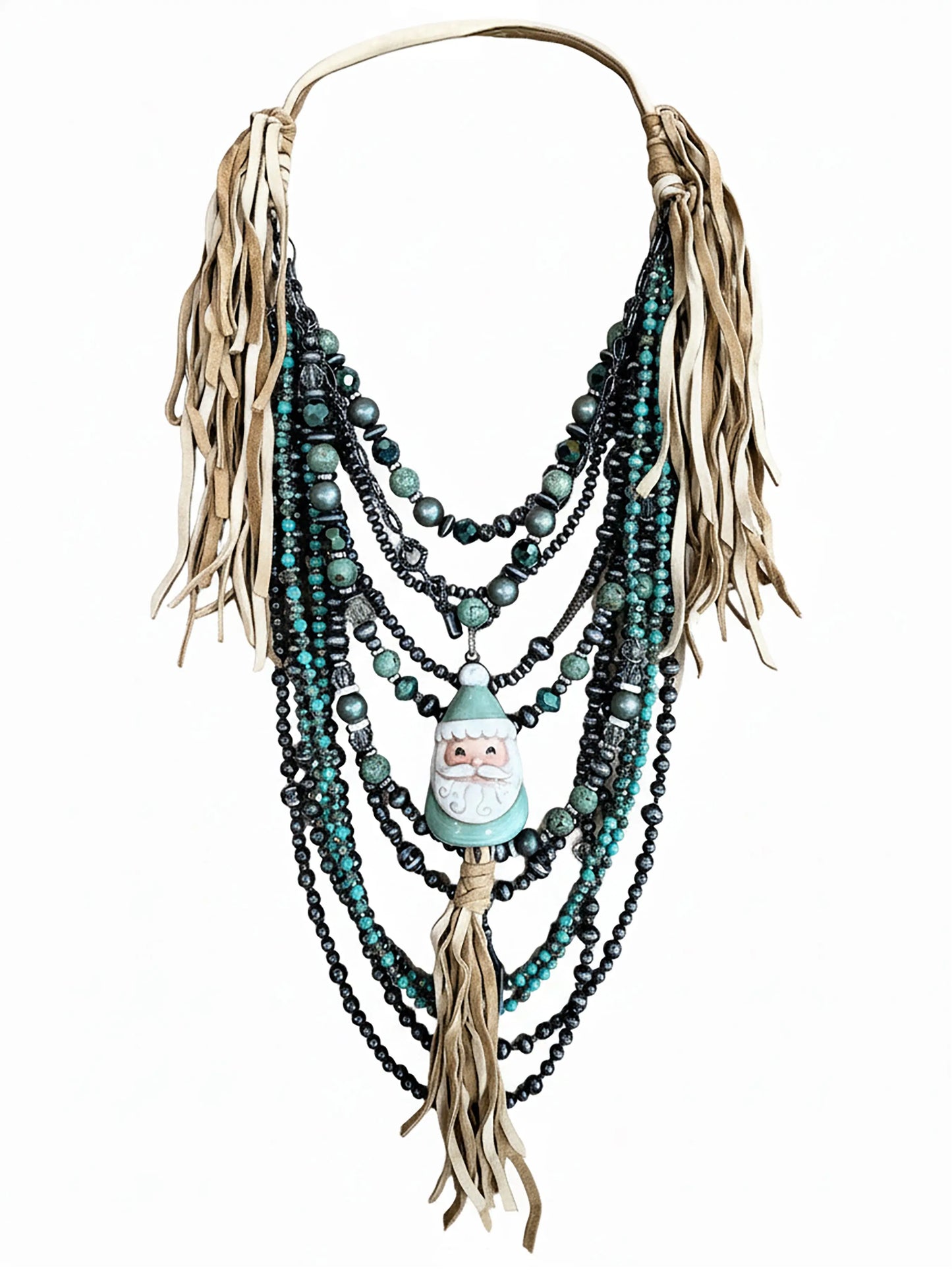 "Winter Sky" Teal Santa Tassel Necklace