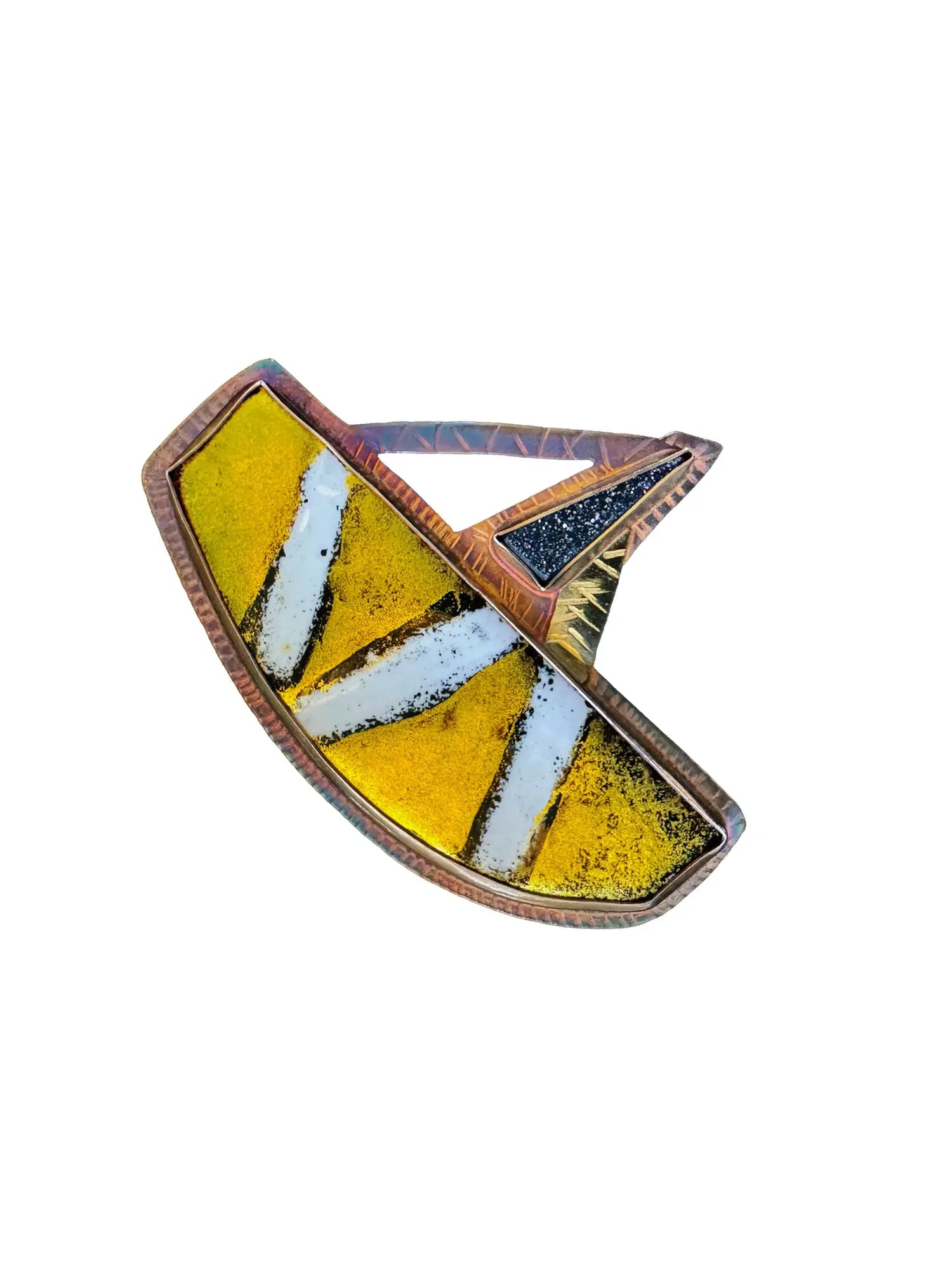 Golden Odyssey Brooch with Black Quartz Druzy, 18k Gold & Silver
