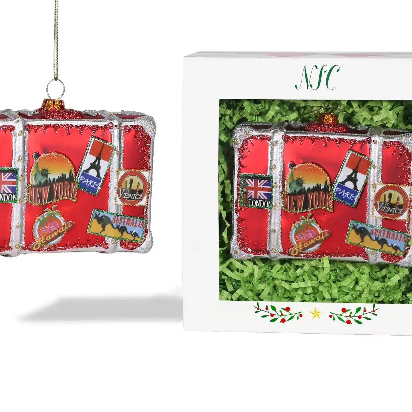 "Vintage-Travel Suitcase" Hand-Painted Blown Glass Ornament