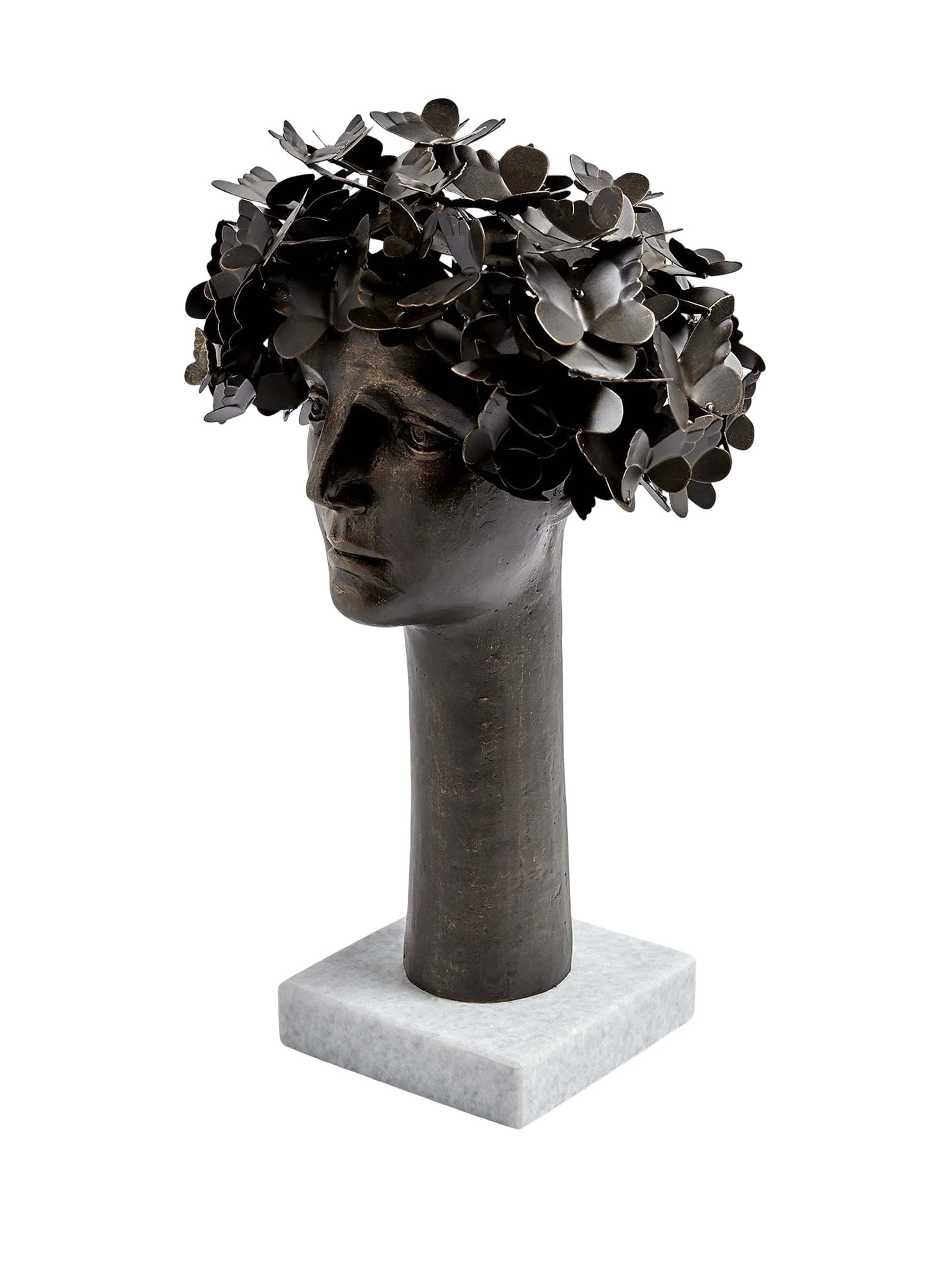 This detailed description presents 'Butterflies for Brains,' a bronze sculpture with gold highlights by Global Views Studios. It features a bust with iron butterflies emerging from the head, symbolizing thought and transformation. Set on a marble base, the piece measures approximately 16" x 12" x 23.5" and weighs 21.8 lbs., combining whimsy and introspection for any space.