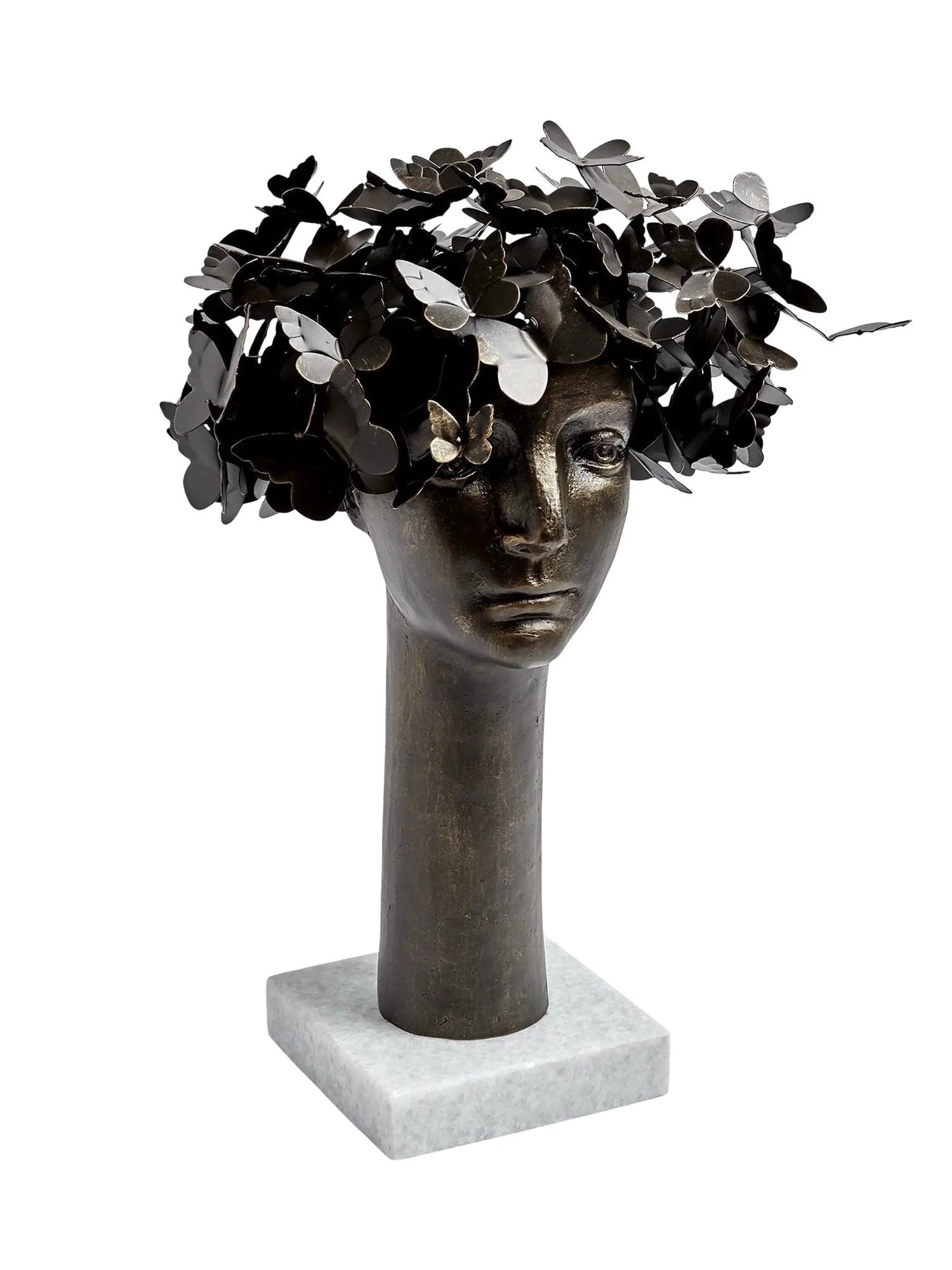 This detailed description presents 'Butterflies for Brains,' a bronze sculpture with gold highlights by Global Views Studios. It features a bust with iron butterflies emerging from the head, symbolizing thought and transformation. Set on a marble base, the piece measures approximately 16" x 12" x 23.5" and weighs 21.8 lbs., combining whimsy and introspection for any space.