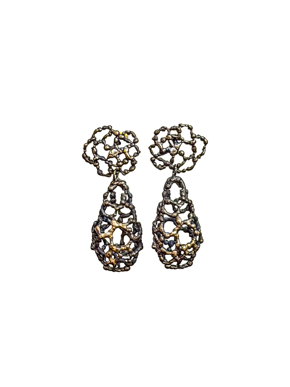 One of a kind Rose Stud Teardrop Earrings in Oxidized Silver with Small Diamond. 