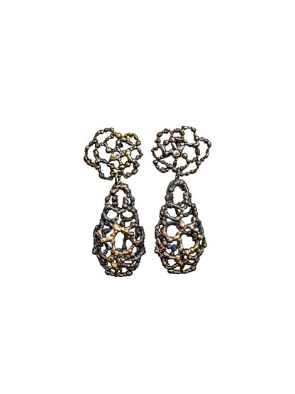 One of a kind Rose Stud Teardrop Earrings in Oxidized Silver with Small Diamond. 